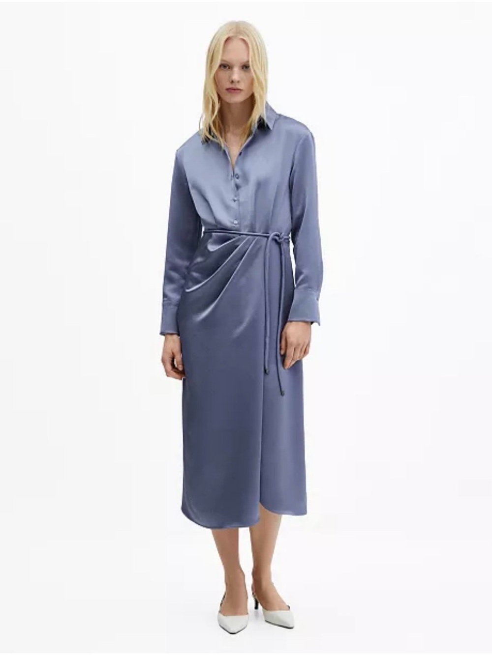Mango Satin Wrap Midi Dress in Dusty Blue